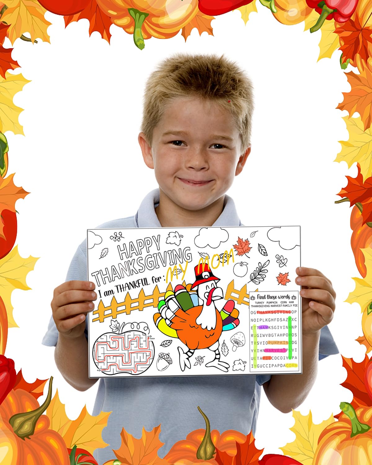 Thanksgiving Place Colouring Mats for Kids 12 Sheet Disposable Turkey Paper Place Mat 11”x 17” Fall Thanksgiving Table Mat for Children Birthday Party