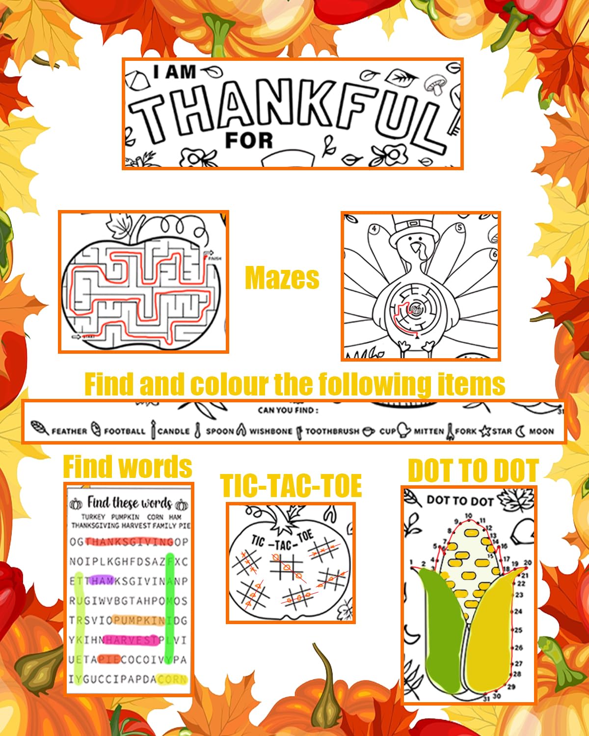 Thanksgiving Place Colouring Mats for Kids 12 Sheet Disposable Turkey Paper Place Mat 11”x 17” Fall Thanksgiving Table Mat for Children Birthday Party