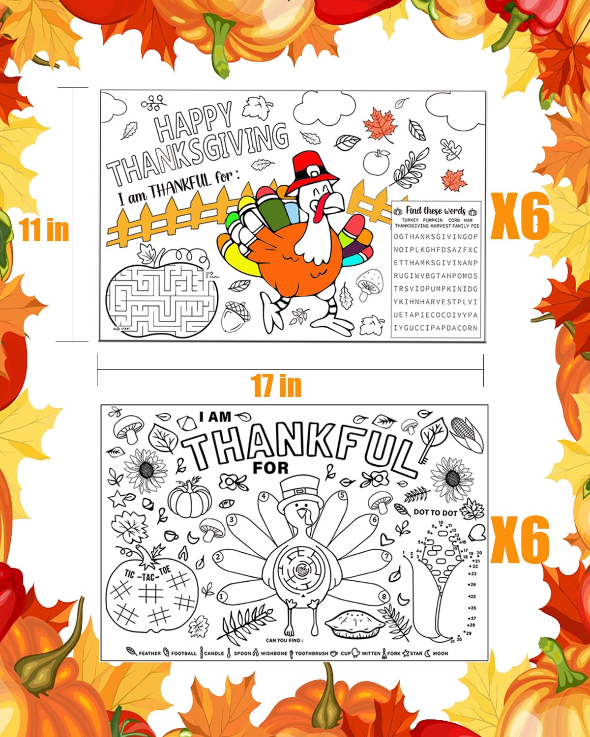 Thanksgiving Place Colouring Mats for Kids 12 Sheet Disposable Turkey Paper Place Mat 11”x 17” Fall Thanksgiving Table Mat for Children Birthday Party