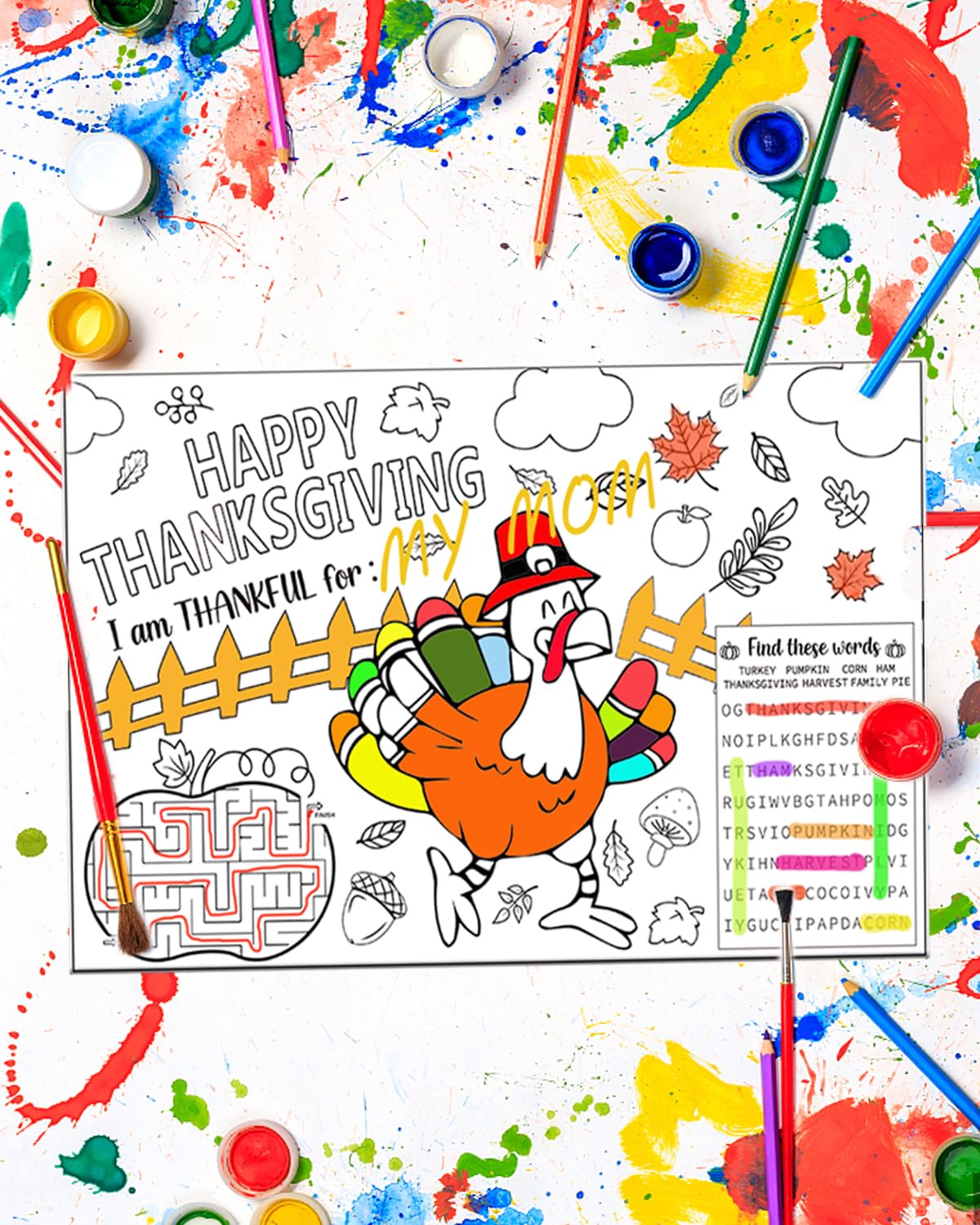 Thanksgiving Place Colouring Mats for Kids 12 Sheet Disposable Turkey Paper Place Mat 11”x 17” Fall Thanksgiving Table Mat for Children Birthday Party