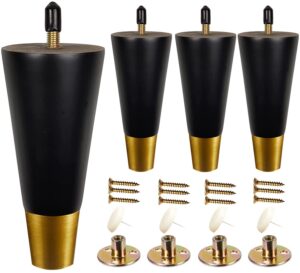 obstime sofa legs 6 inch black oak wood furniture legs with gold caps - black wood legs for sofa wood furniture legs set of 4, round solid mid century legs 4 inch, wooden couch legs replacement