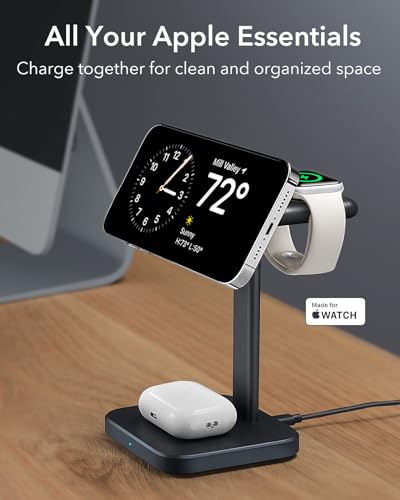 ESR 3 in 1 Wireless Charging Station for Apple [Certified] Portable Apple Watch Charger & MagSafe Charger Stand for iPhone, Wireless Charger for Multiple Devices iPhone 15/14/13/12&Watch&AirPods,Black