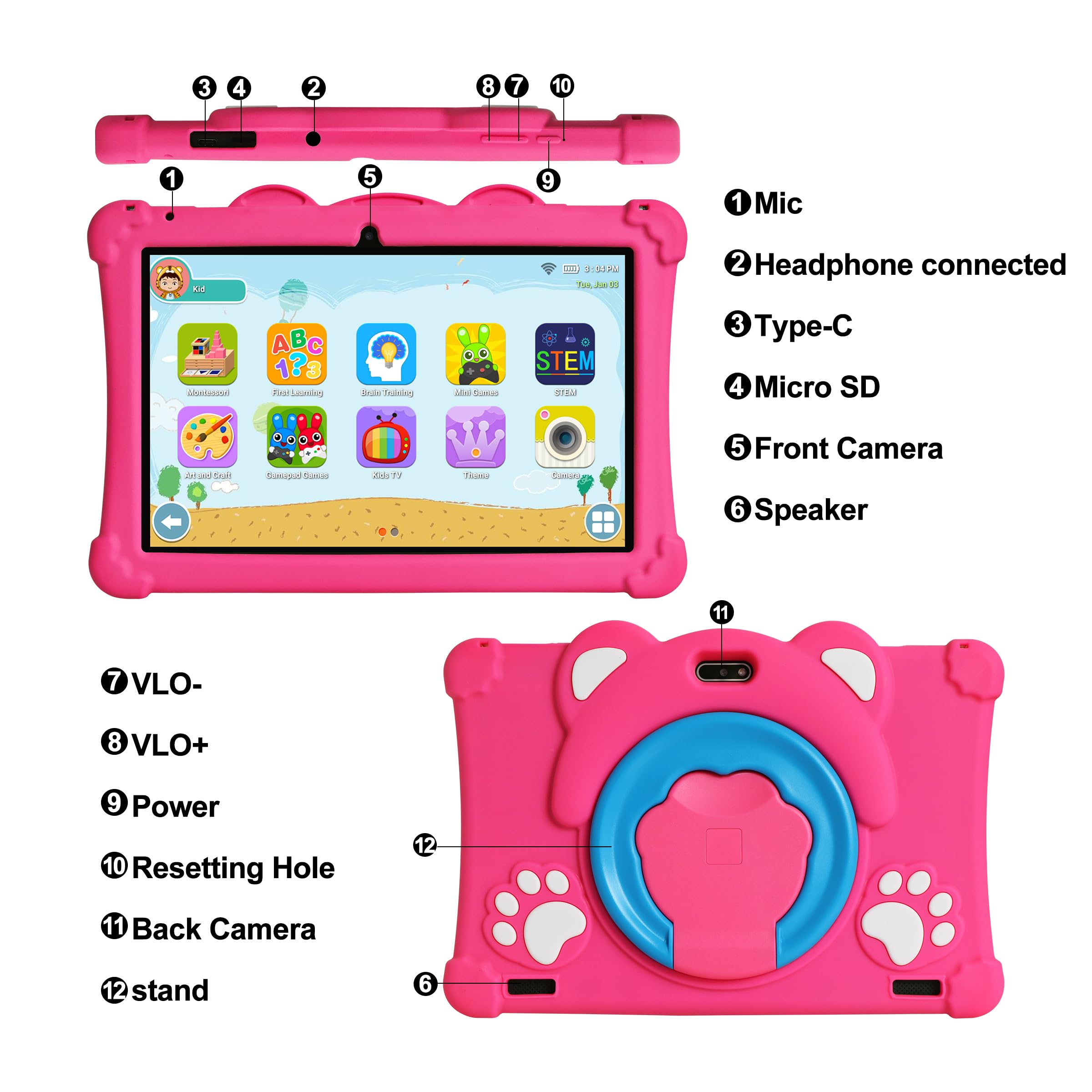 Kids Tablet, 10 Inch Tablet for Kids, IPS HD Display 1280 X 800 Android13 Toddler Tablet，Iwawa Kids Space Pre-Installed Parental Control Mode, Dual Camera, Google Services,6-12,Color Pink