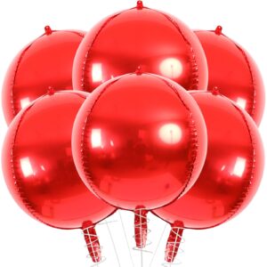 rubfac red metallic balloons 22 inch, 6pcs 4d round 360 red chrome balloon for bachelorette party decorations, red metallic balloons for baby shower, birthday and more