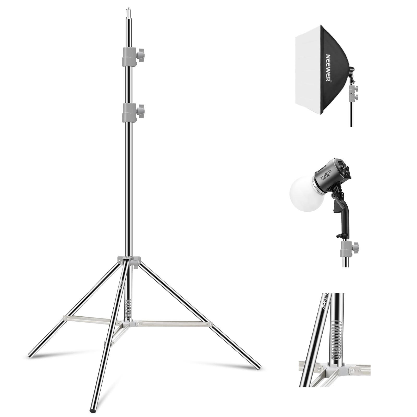 NEEWER Upgraded 75"/190cm Light Stand Stainless Steel Spring Loaded, Foldable Photography Tripod Stand with Stronger Tube Joints for Strobe Softbox LED Ring Light, Max Load 13.5lb/6.5kg, ST-190SS