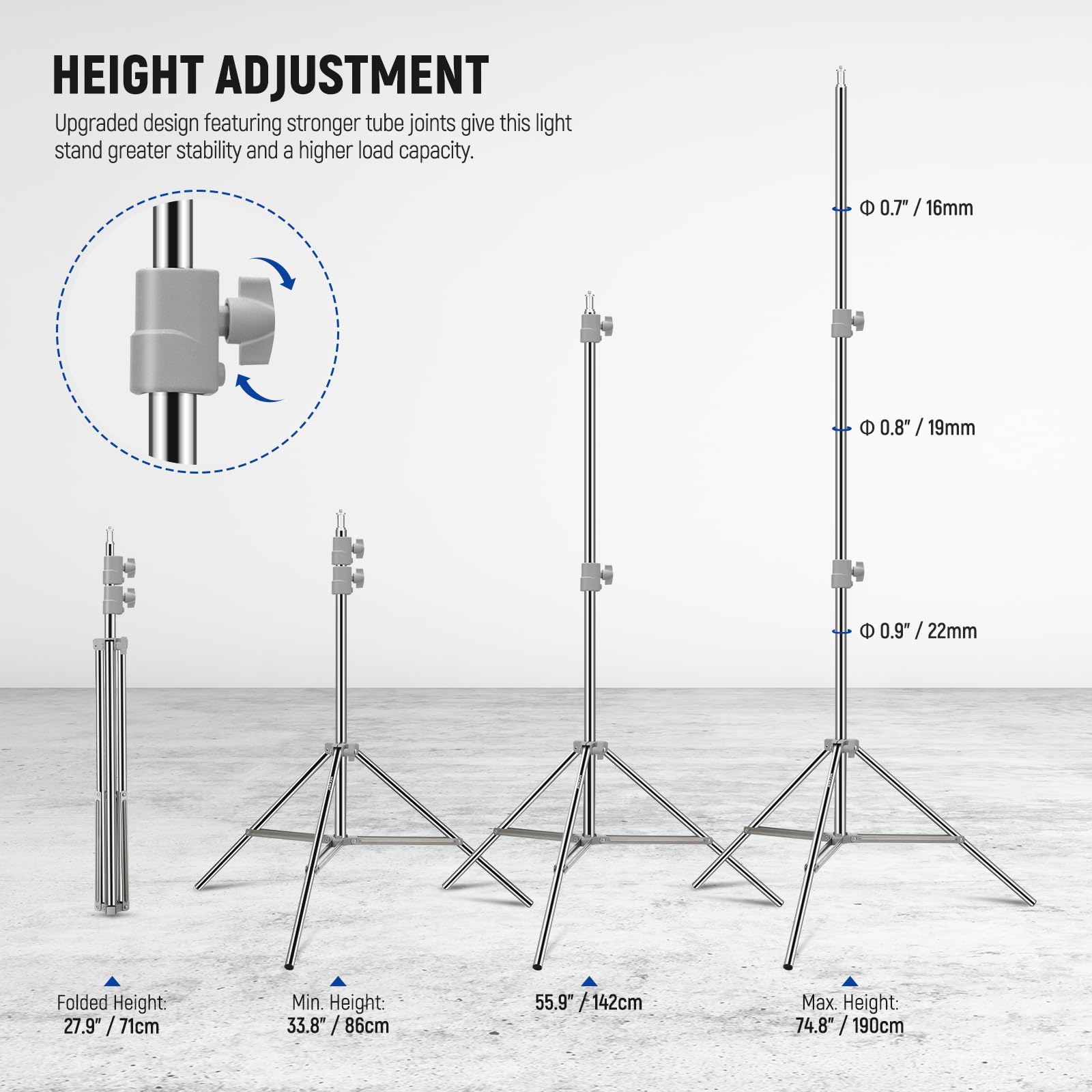 NEEWER Upgraded 75"/190cm Light Stand Stainless Steel Spring Loaded, Foldable Photography Tripod Stand with Stronger Tube Joints for Strobe Softbox LED Ring Light, Max Load 13.5lb/6.5kg, ST-190SS