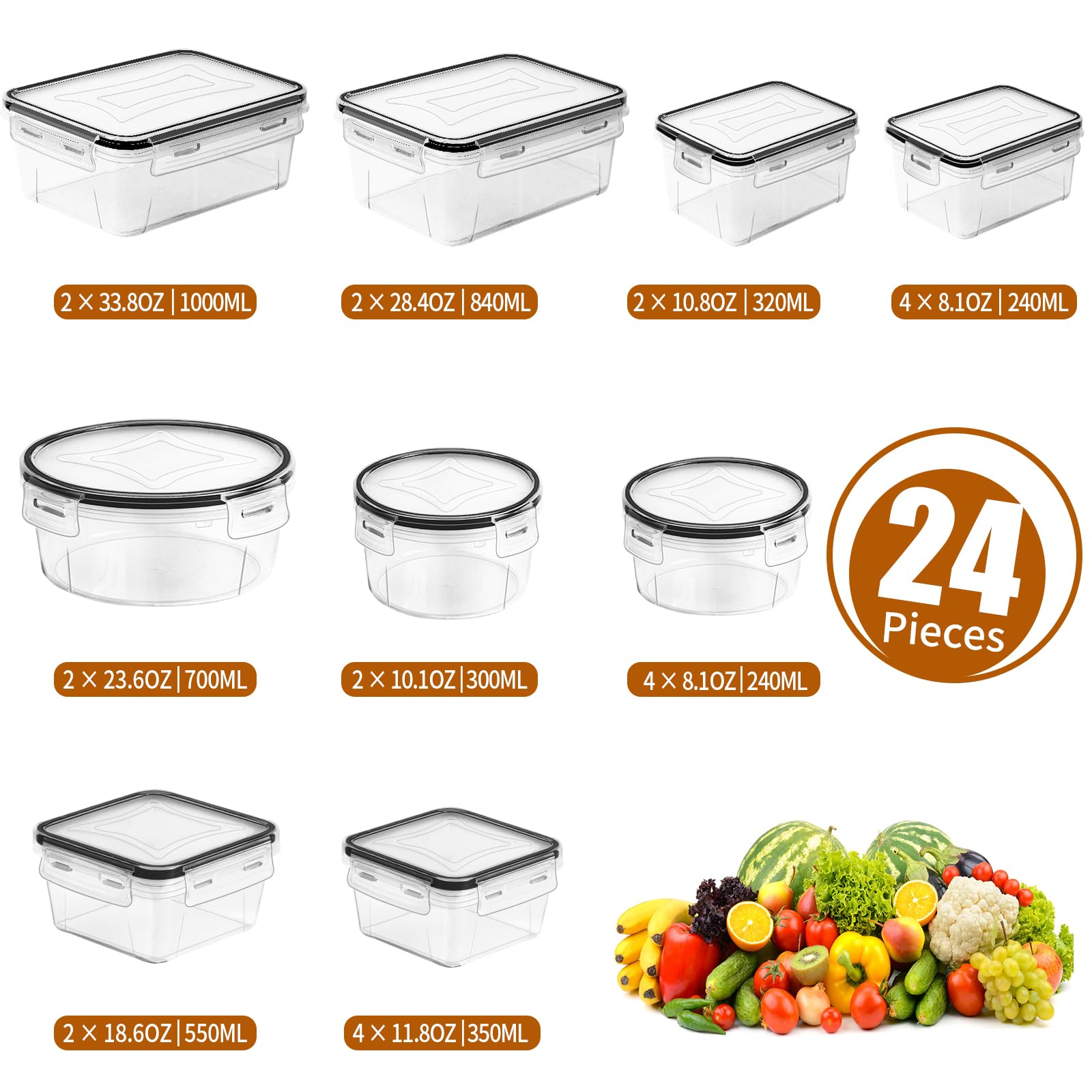 PRAKI 48 Pack Food Storage Containers with Airtight Lids (24 Containers & 24 Lids), Kitchen storage containers for Pantry Organizers and Storage, BPA-Free Meal Prep Container with Labels & Marker