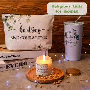 Sieral 3 Pcs Christian Gifts for Women Faith Be Still and Know Be Strong and Courageous Inspirational Travel Mug Tumbler Christian Prayer Candle Religious Bible Verse Cosmetic Bag for Mother(Strong)