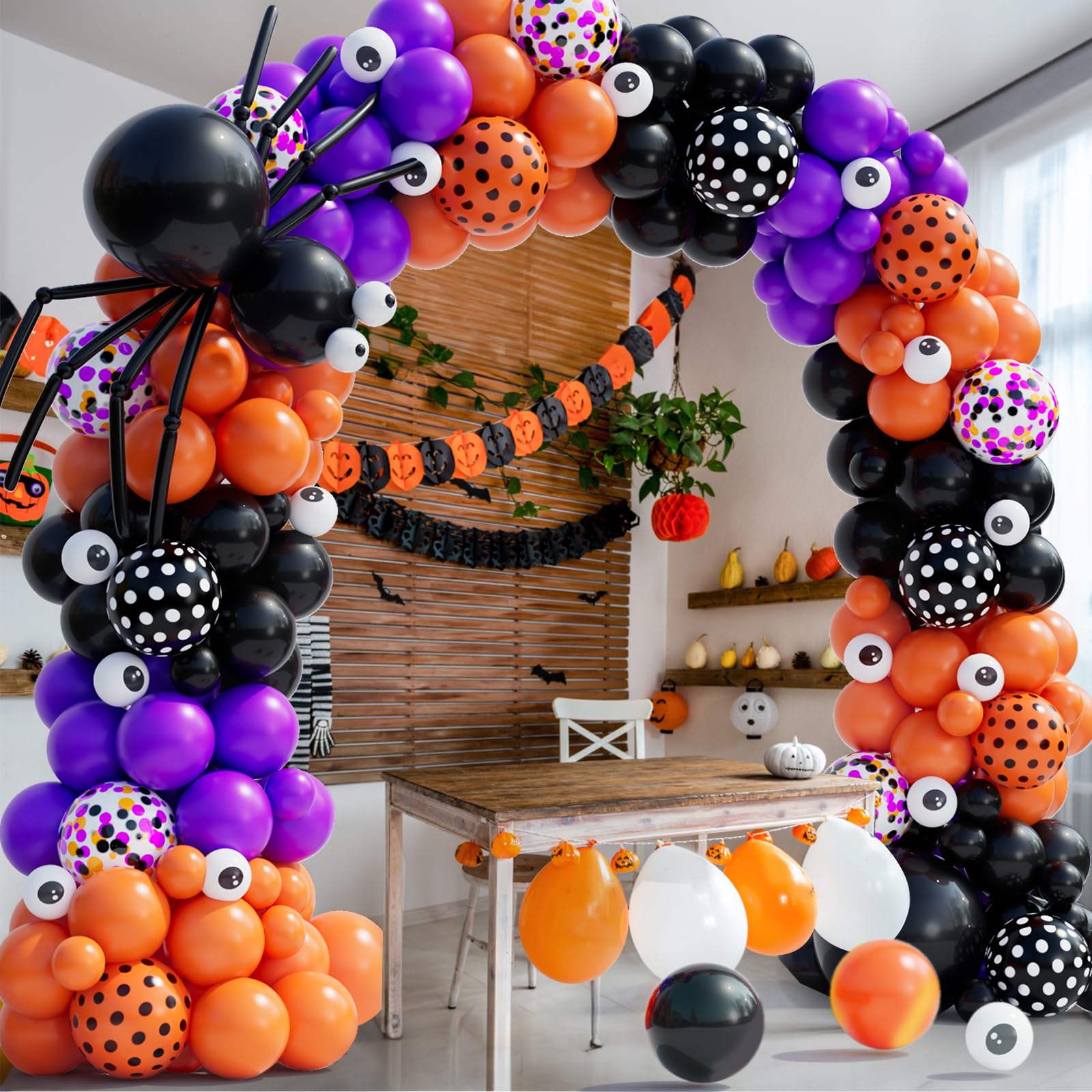 Wecepar 130Pcs Halloween Balloon Garland Arch kit with Halloween Spider Balloon Boo Aluminum Foil Banner Balloons Black Orange Purple Confetti Balloons Dot balloon for Halloween Day Party Decorations