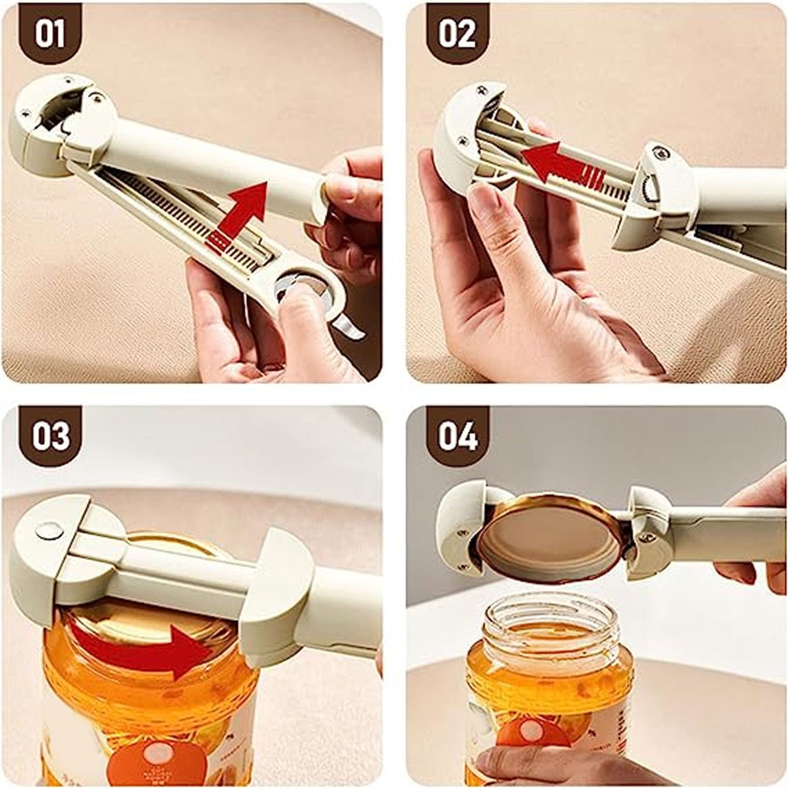 Stainless Steel Adjustable Cap Screwer 3 in 1 Multifunctional Retractable Jar Bottle Opener Pop Tab Opener Auxiliary Bottle Opening Tool Scientific Lever Principle (Beige)