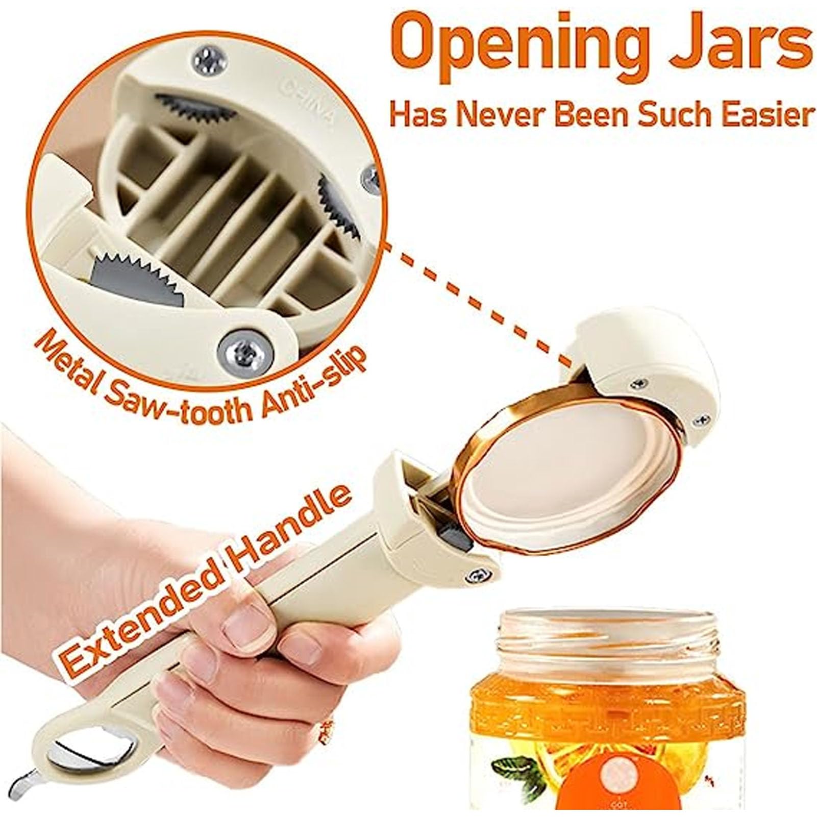 Stainless Steel Adjustable Cap Screwer 3 in 1 Multifunctional Retractable Jar Bottle Opener Pop Tab Opener Auxiliary Bottle Opening Tool Scientific Lever Principle (Beige)