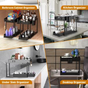 Ulruo 2 Pack Double Pull Out Under Sink Organizers, 2 Tier Multi Purpose Under Cabinet Organizer with Hooks & Hanging Cups, Under Sink Shelf Organizer for Kitchen Bathroom, Black