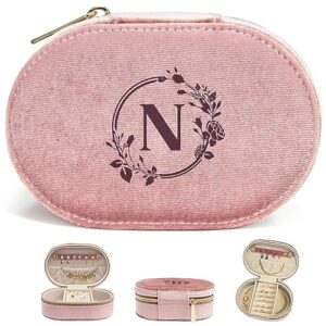 initial n oval velvet travel jewelry box for girls, jewelry holder organizer - gifts for best friends women mom sister coworker wife girlfriend - birthday gifts for women, women gifts for christmas