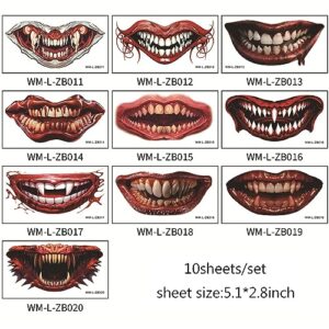 Halloween Mouth Tattoo Stickers Halloween Prank Makeup Temporary Tattoos Clown Horror Lip Fangs Bloody Tattoos for Adults Kids Funny Face Decorations for Halloween Cosplay Party 10 Sheets
