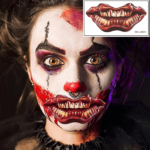 Halloween Mouth Tattoo Stickers Halloween Prank Makeup Temporary Tattoos Clown Horror Lip Fangs Bloody Tattoos for Adults Kids Funny Face Decorations for Halloween Cosplay Party 10 Sheets