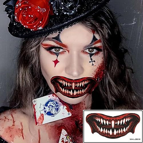 Halloween Mouth Tattoo Stickers Halloween Prank Makeup Temporary Tattoos Clown Horror Lip Fangs Bloody Tattoos for Adults Kids Funny Face Decorations for Halloween Cosplay Party 10 Sheets