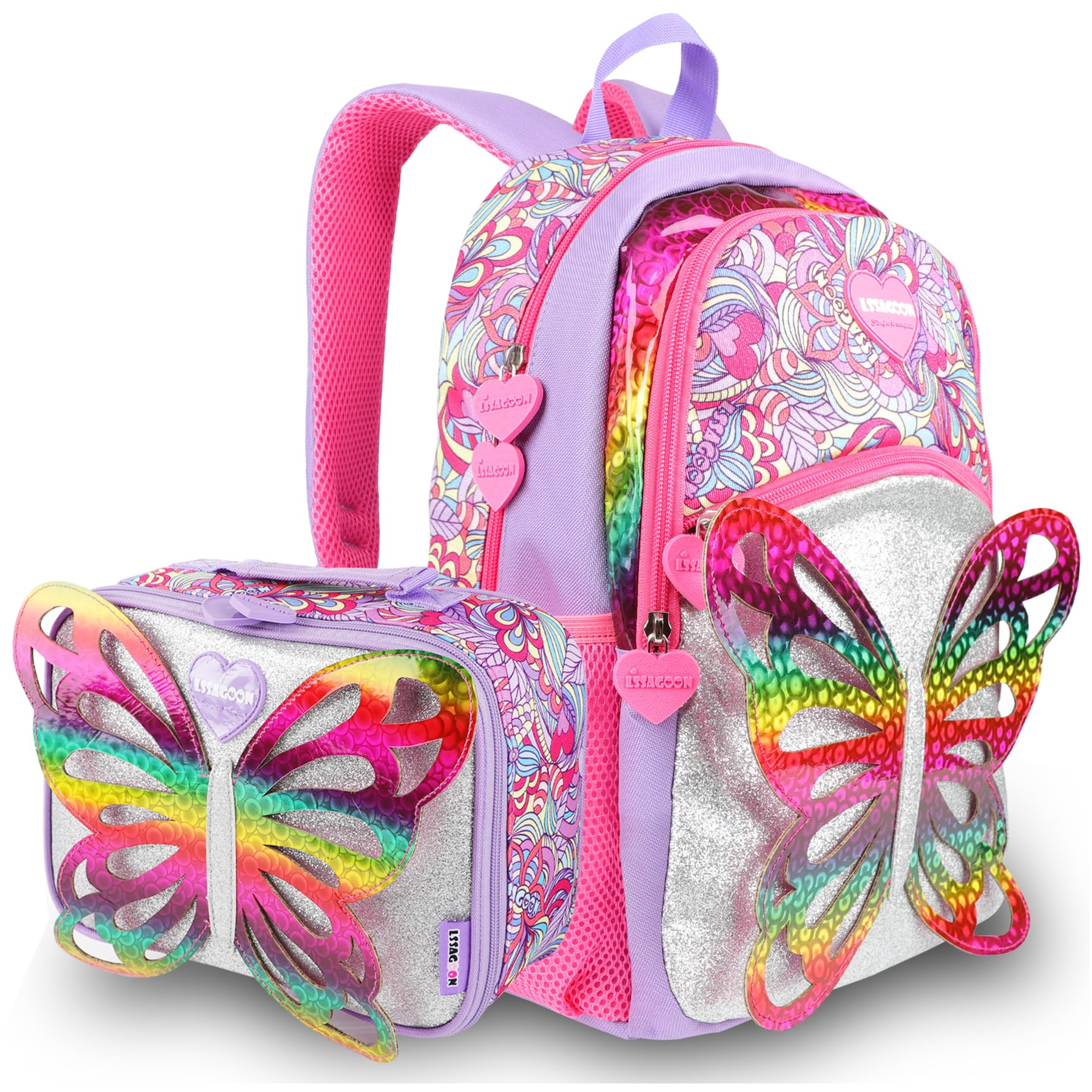 LSSAGOON Butterfly Wings Sequins Backpack with Lunch Bag for Girls Kids Teenage,Lightweight School Bag Set for Elementary Preschool Bookbag, Casual Rucksack for Travel Gift