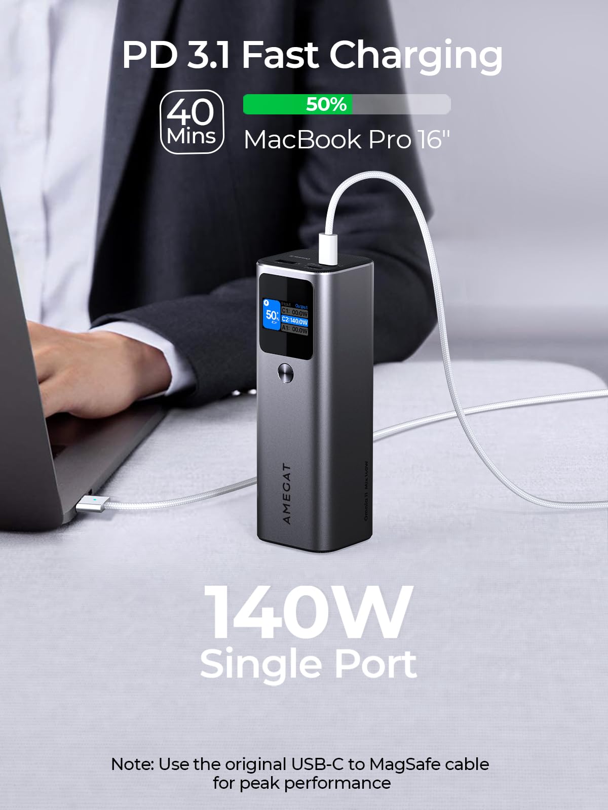 AMEGAT Power Bank 140W, 27600mAh 3-Port Portable Charger PD 3.1 Battery Pack, Smart Digital Display, 140W USB C Fast Recharge, Compatible with iPhone 15/14/13 Series, Samsung, MacBook, Dell, and More