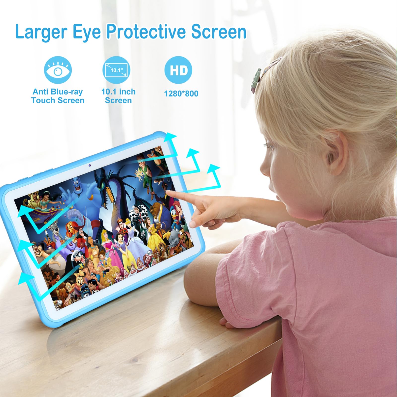 Kids Tablet, Android Tablet for Kids 10.1 Inches, 64GB Kids Tablet with Case, Dual Camera, WiFi, Bluetooth, GMS, Kidproof App Pre-Installed, Parent Control, Education, Google, YouTube (Blue)