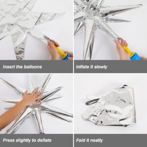 RUBFAC 140 Pcs Silver Star Balloons, 14 Point Starburst Balloons, 22/27Inch Silver Foil Starburst Balloon for Birthday Baby Shower Wedding Disco Party Decorations Supplies