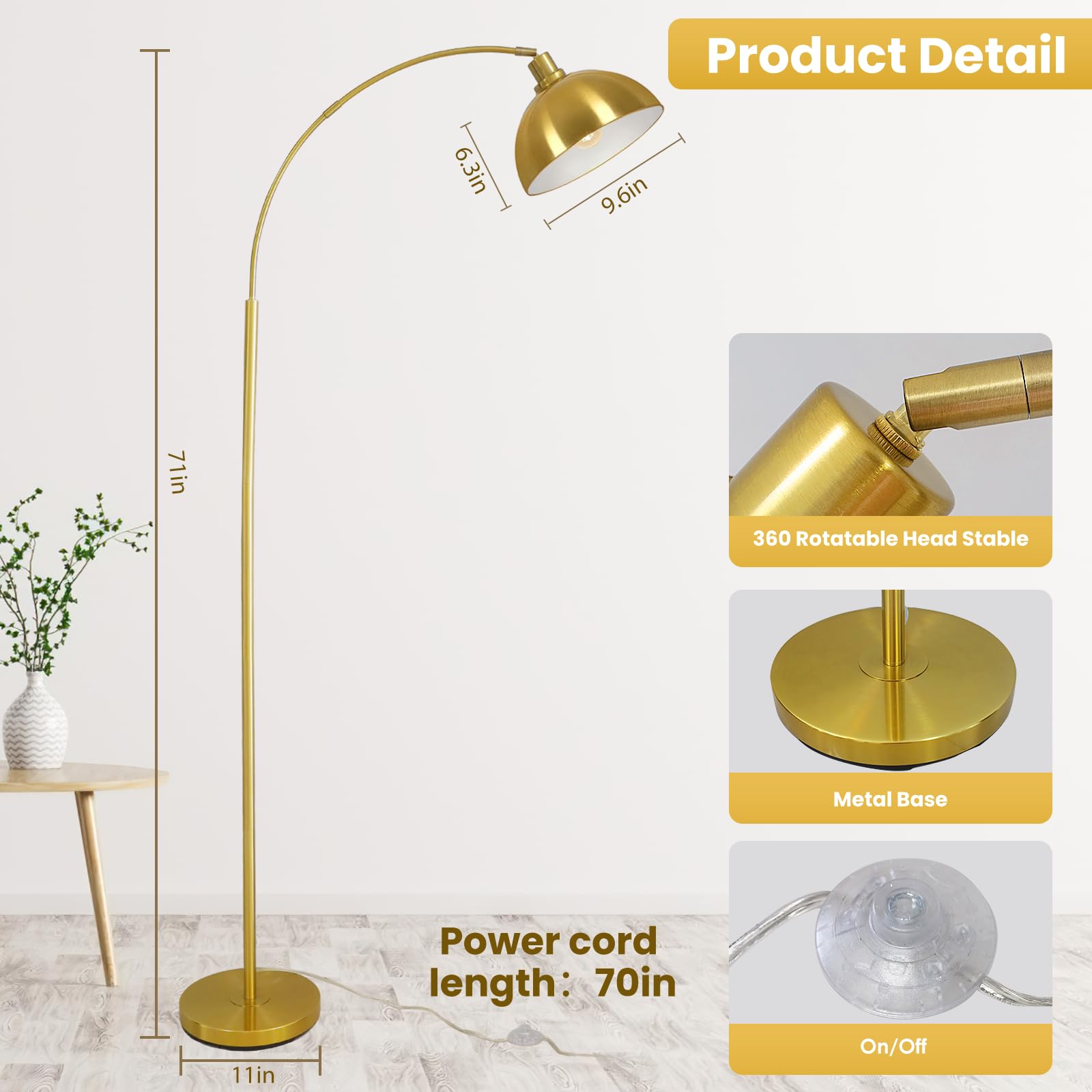 gernehop Arc Floor Lamps for Living Room,Modern Tall Standing Lamp Gold Floor Lamp with Adjustable Hanging Dome Shade,Over Couch Mid Century Arched Reading Lamp for Bedroom,Office
