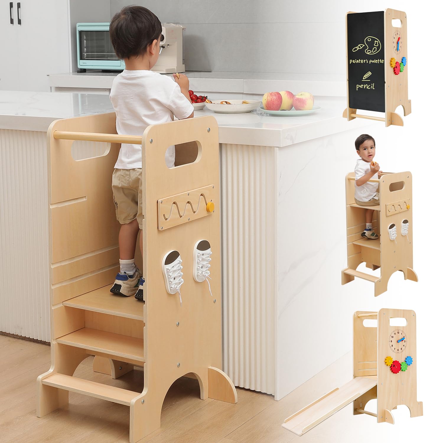 JUZBOT Toddler Tower 4 in 1 Toddler Kitchen Stool Helper Adjustable Standing Tower for Kitchen Counter with Slide, Chalkboard, Montessori Activities