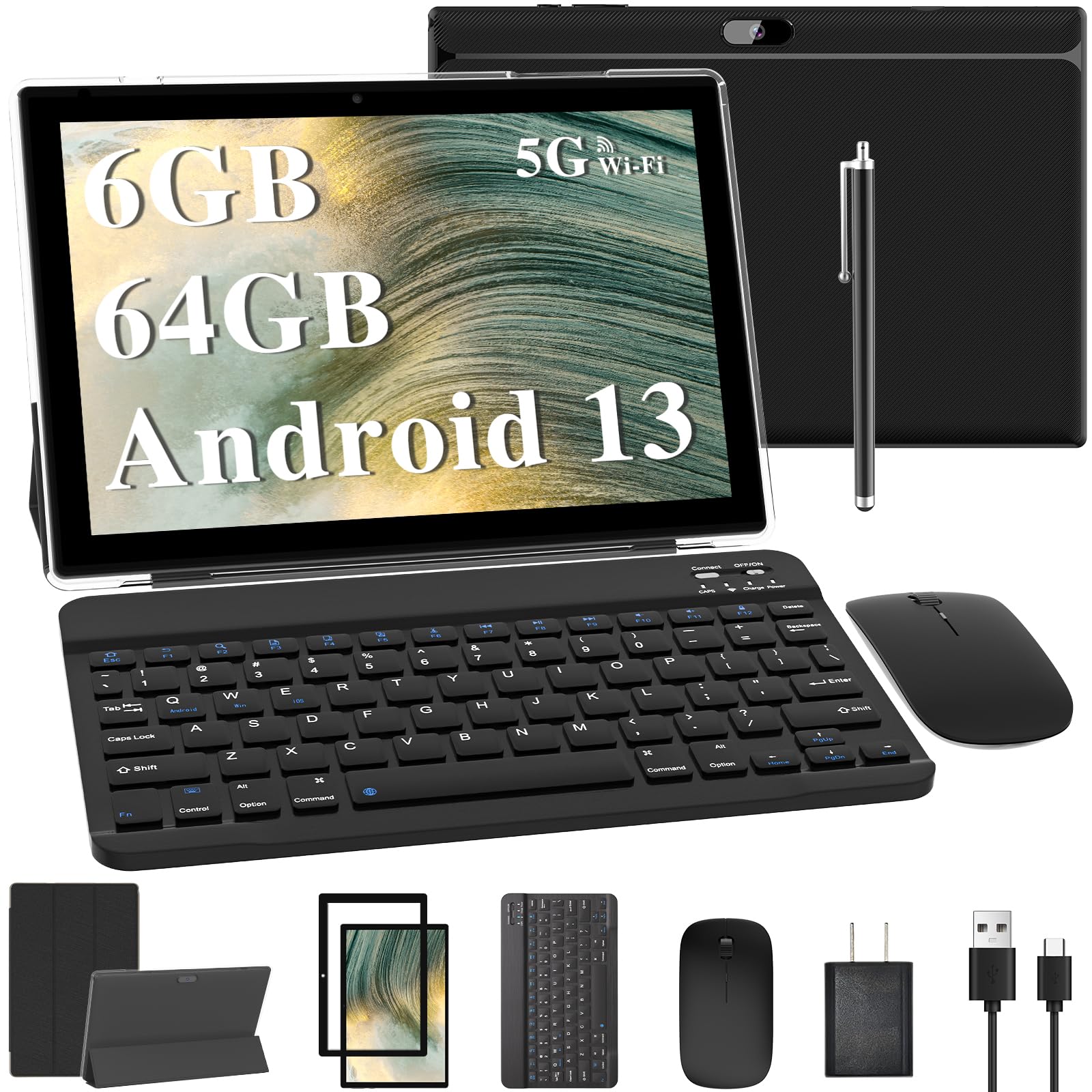 2024 Newest Android 13 Tablets, 2 in 1 Tablet 10 inch, Tablet with Keyboard，6 +64 GB+1TB Expand, 2.4G/5G Wi-Fi 6, BT 5.0,Dual Carema, Games，Google GMS(Black)