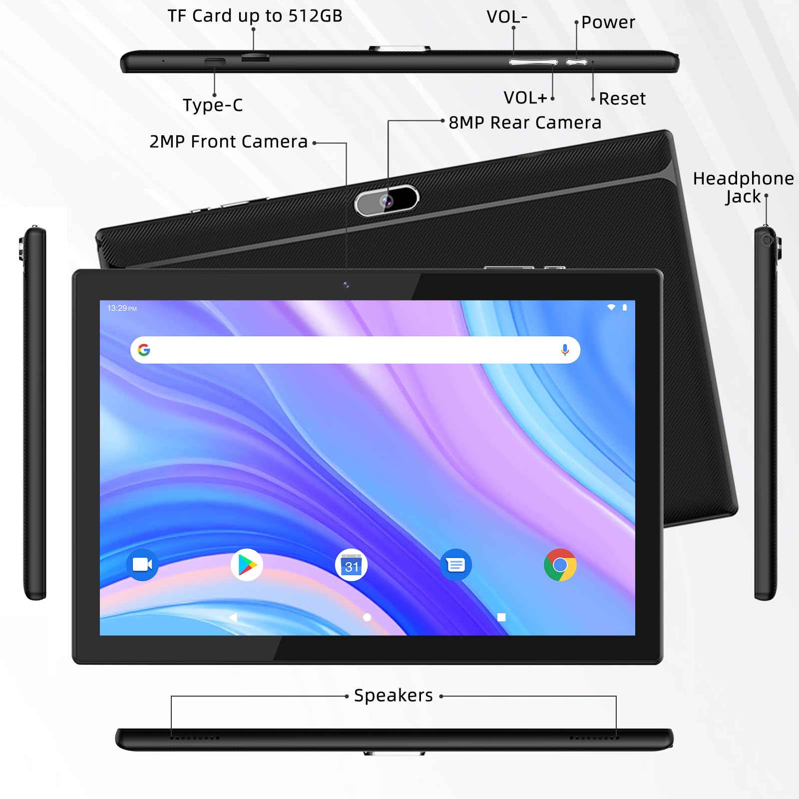 2024 Newest Android 13 Tablets, 2 in 1 Tablet 10 inch, Tablet with Keyboard，6 +64 GB+1TB Expand, 2.4G/5G Wi-Fi 6, BT 5.0,Dual Carema, Games，Google GMS(Black)