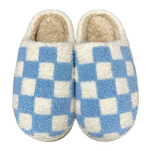 jinlonyu checkered slippers cozy warm plush slip-on house shoes for women men plaid scuff slides blue 39-40