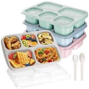 bento lunch box, bento box, reusable lunch box kids with 5 compartments meal prep containers for kids and adults, lunch snack containers with utensils & transparent lids for school, 4 pack (wheat)