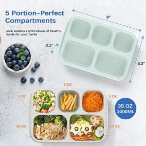 Bento Lunch Box, Bento Box, Reusable Lunch Box Kids with 5 Compartments Meal Prep Containers for Kids and Adults, Lunch Snack Containers with Utensils & Transparent Lids for School, 4 Pack (Wheat)