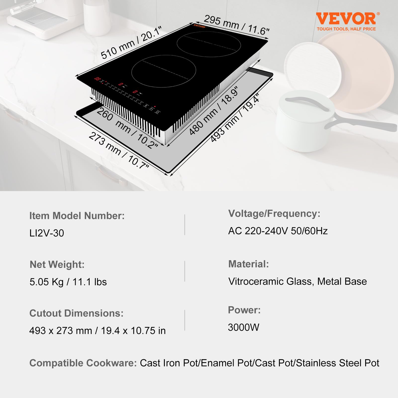 VEVOR Electric Cooktop, 2 Burners, 12'' Induction Stove Top, Built-in Magnetic Cooktop 3000W, 9 Heating Level Multifunctional Burner, LED Touch Screen w/Child Lock & Over-Temperature Protection