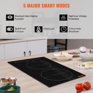 VEVOR Electric Cooktop, 2 Burners, 12'' Induction Stove Top, Built-in Magnetic Cooktop 3000W, 9 Heating Level Multifunctional Burner, LED Touch Screen w/Child Lock & Over-Temperature Protection