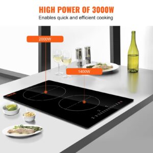 VEVOR Electric Cooktop, 2 Burners, 12'' Induction Stove Top, Built-in Magnetic Cooktop 3000W, 9 Heating Level Multifunctional Burner, LED Touch Screen w/Child Lock & Over-Temperature Protection