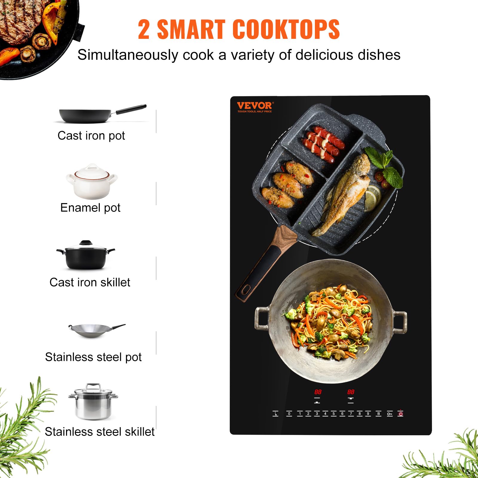 VEVOR Electric Cooktop, 2 Burners, 12'' Induction Stove Top, Built-in Magnetic Cooktop 3000W, 9 Heating Level Multifunctional Burner, LED Touch Screen w/Child Lock & Over-Temperature Protection