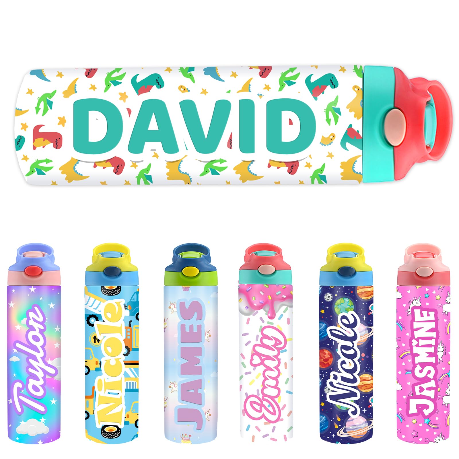 Personalized Kids Water Bottle Custom Water Bottles for Girls Boys Children with Name Straw Lid Customized 20oz Insulated Stainless Steel Cups Gifts for School Travel