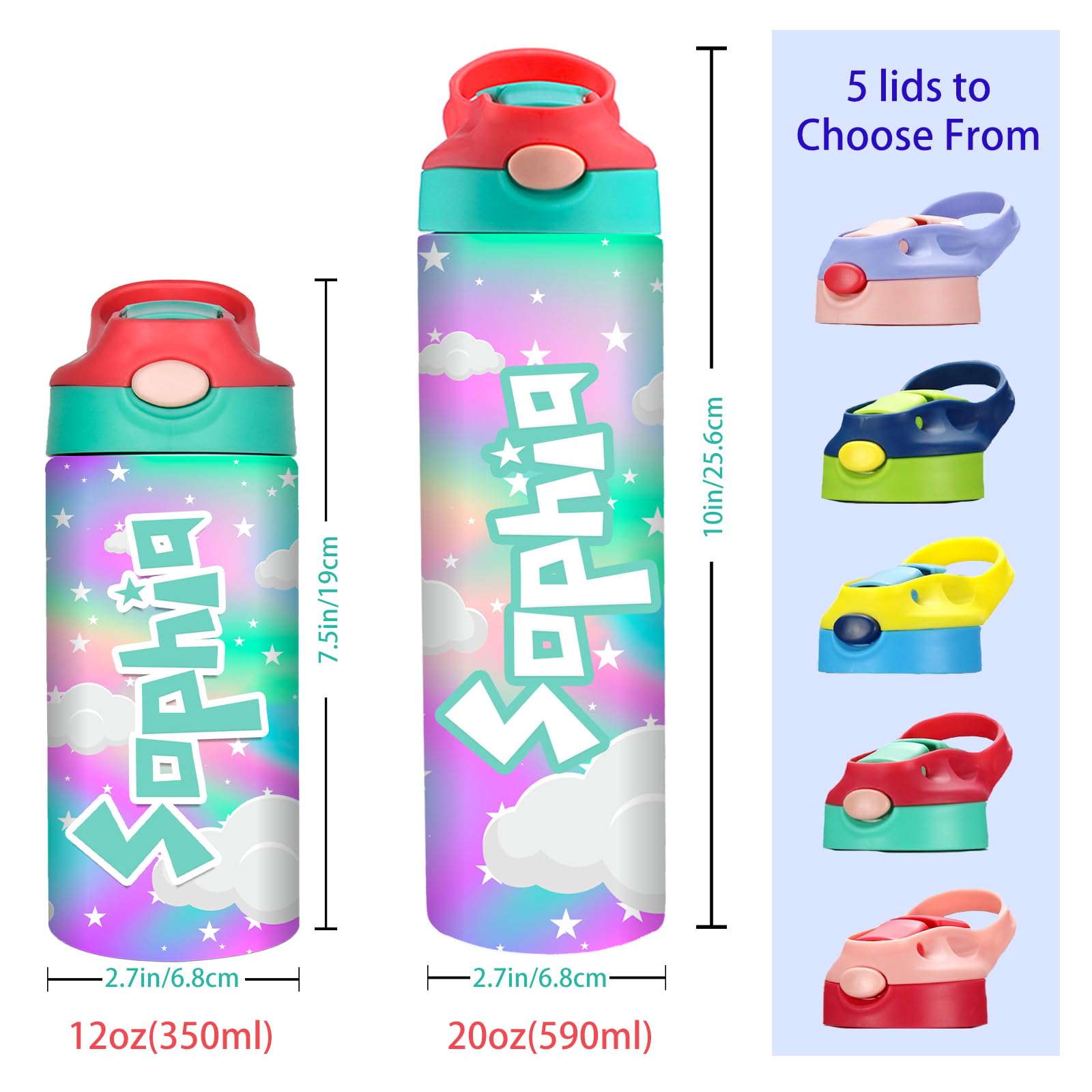 Personalized Kids Water Bottle Custom Water Bottles for Girls Boys Children with Name Straw Lid Customized 20oz Insulated Stainless Steel Cups Gifts for School Travel