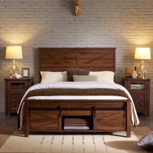jxqtlingmu farmhouse wood bed frame full size with sliding barn door storage cabinets and headboard, solid wood slats support, noiseless, no box spring needed, brown