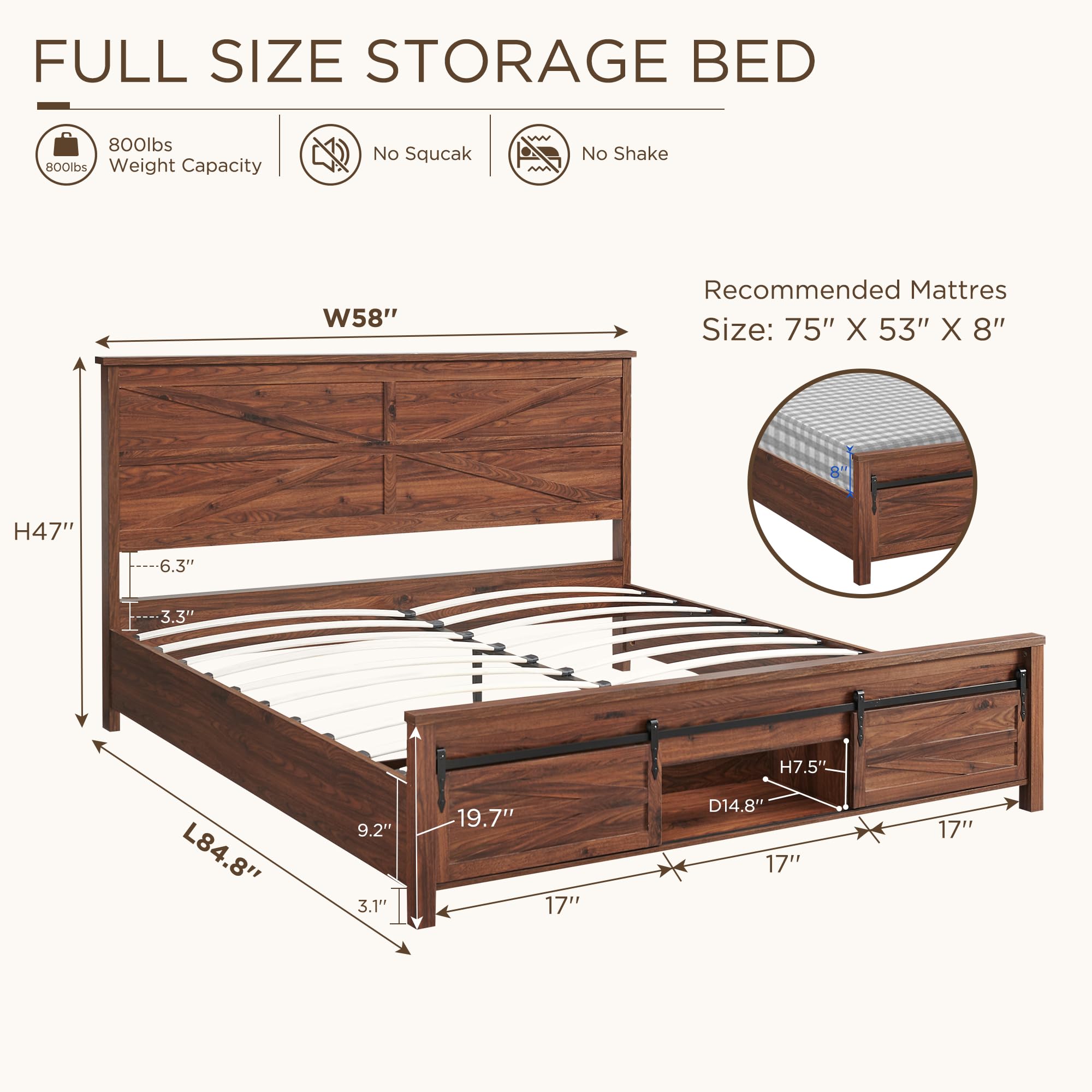 JXQTLINGMU Farmhouse Wood Bed Frame Full Size with Sliding Barn Door Storage Cabinets and Headboard, Solid Wood Slats Support, Noiseless, No Box Spring Needed, Brown