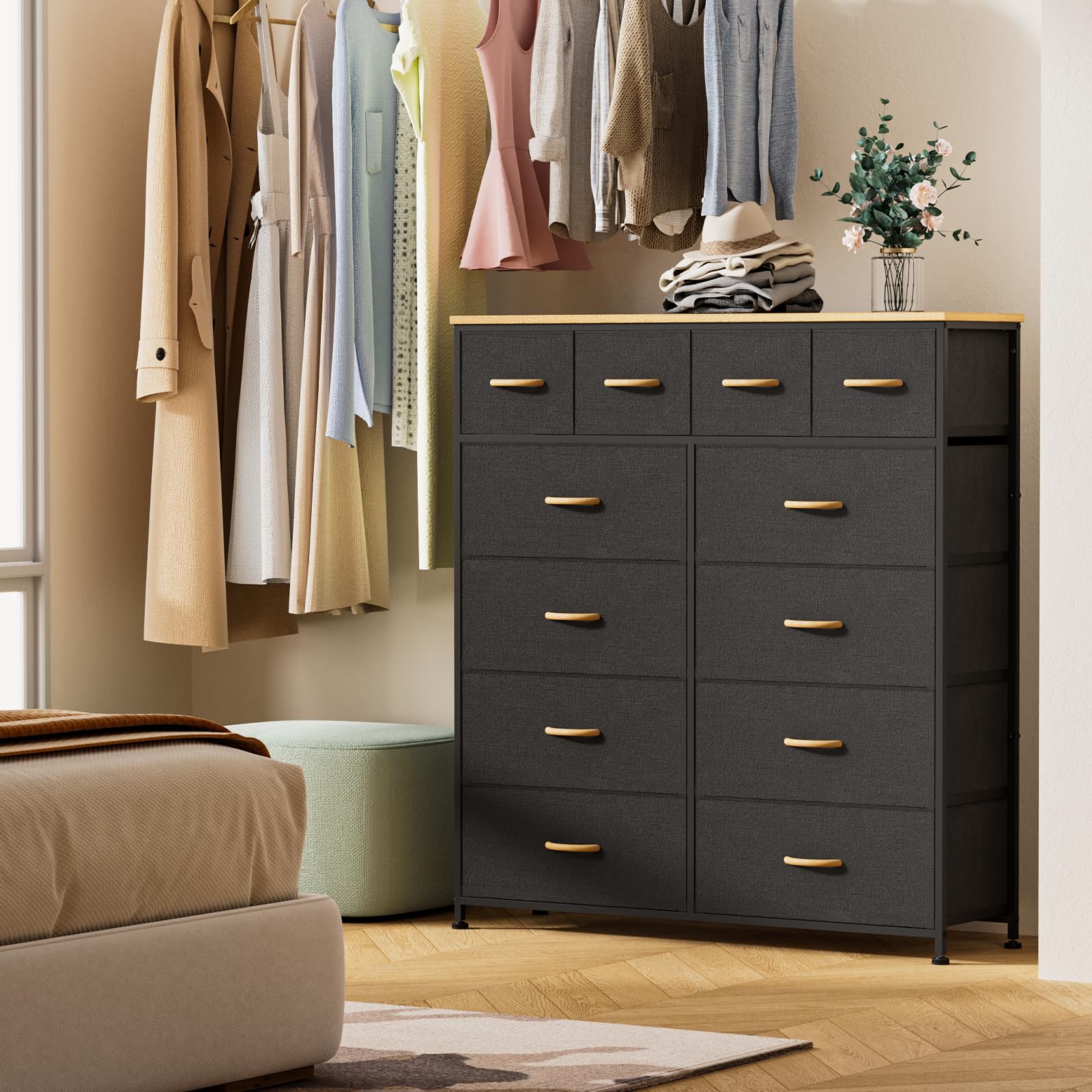 YILQQPER Dresser for Bedroom with 12 Drawers, Large Tall Dresser for Closet, Living Room, Nursery, Dorm, Chest of Drawers with Fabric Bins, Leather Front, Wooden Top, Metal Handle (Cyan)