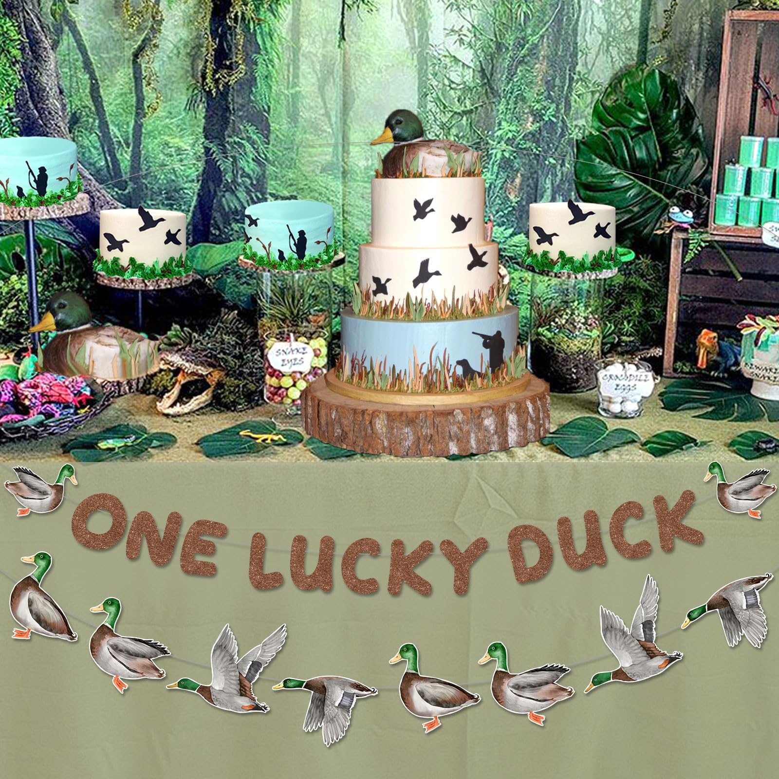 Sursurprise Duck Hunting First Birthday Decorations, One Lucky Duck Banner Mallard Duck Garland for Boys 1st Birthday Party Supplies