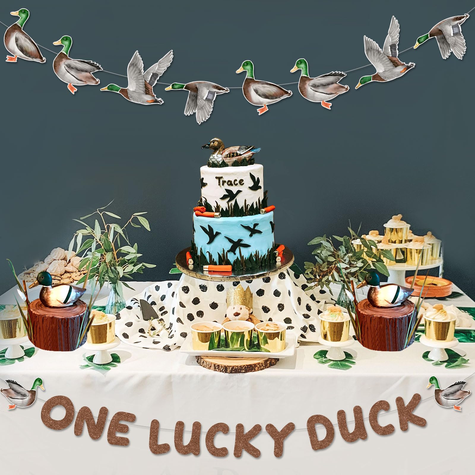 Sursurprise Duck Hunting First Birthday Decorations, One Lucky Duck Banner Mallard Duck Garland for Boys 1st Birthday Party Supplies