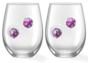 liigemi stemless wine glass with dnd dice embedded, handmade red wine glasses, drinking glasses, 18.5 oz，set of 2，gift for d&d or rpg player (purple)