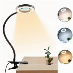 lishumei led usb 5x magnifying desk lamp with clamp, 48 led desk lamp with 3 color modes 10 brightness, 360 ° flexible gooseneck clamp lamp for bed headboard reading makeup eyebrow