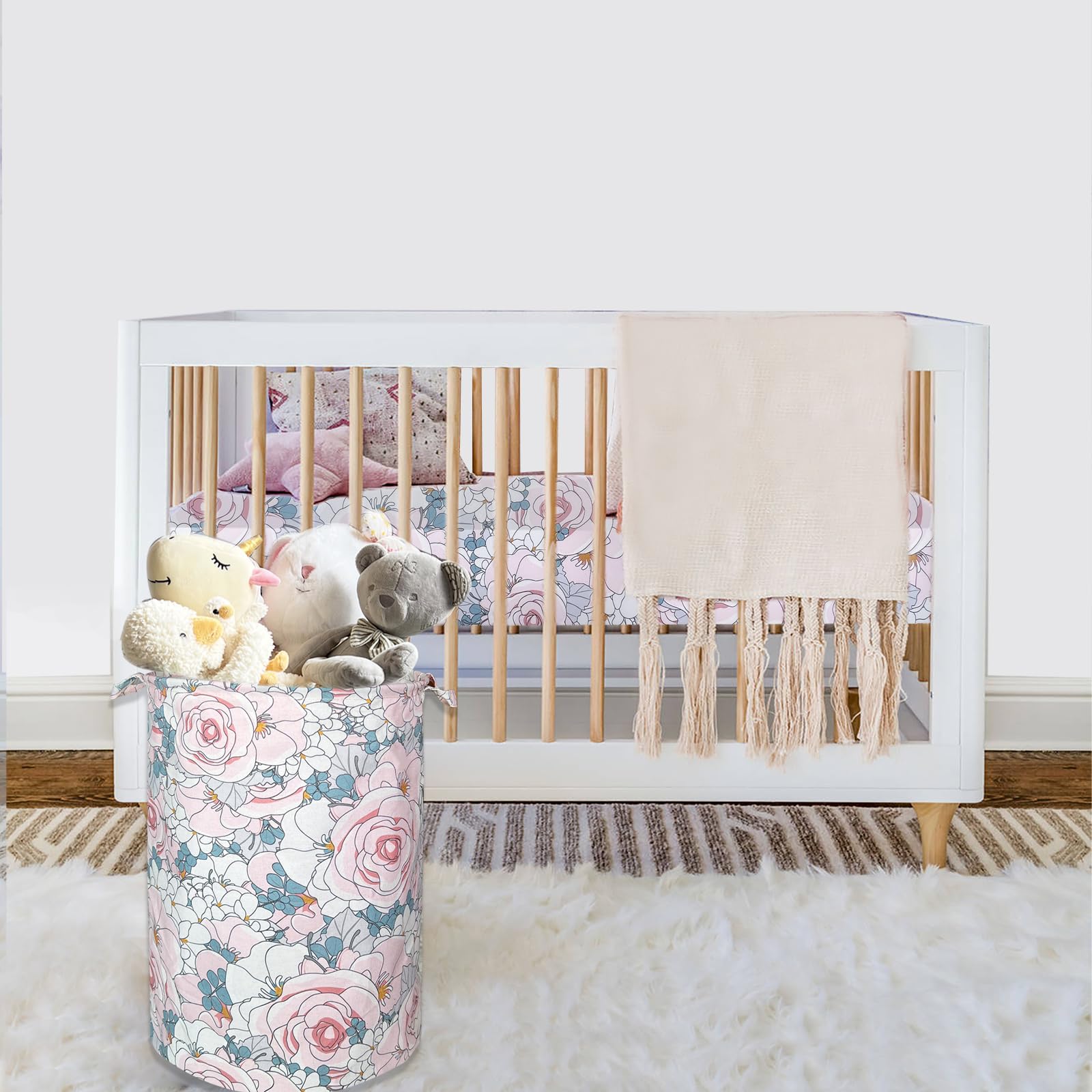 AMROSE Baby Laundry Hamper, 19.6'' Large Canvas Nursery Laundry Hamper Basket for Boys Girls, Nursery Storage Hamper for Laundry, Toys, Clothes, Watercolor Floral