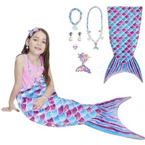 Mermaid Gifts for Girls, Mermaid Tail Blanket Mermaid Jewelry Makeup Set for Girls 3 4 5 6 7 8 9 10 11 12 Years Old, Mermaid Theme Birthday Decorations Accessories Gift