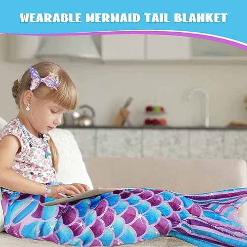 Mermaid Gifts for Girls, Mermaid Tail Blanket Mermaid Jewelry Makeup Set for Girls 3 4 5 6 7 8 9 10 11 12 Years Old, Mermaid Theme Birthday Decorations Accessories Gift