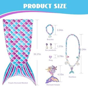 Mermaid Gifts for Girls, Mermaid Tail Blanket Mermaid Jewelry Makeup Set for Girls 3 4 5 6 7 8 9 10 11 12 Years Old, Mermaid Theme Birthday Decorations Accessories Gift