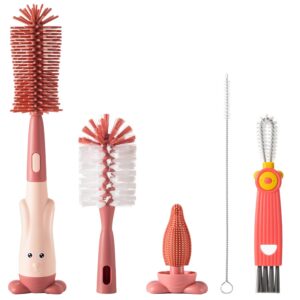 ariseno 5-in-1 baby bottle brush set, bottle brush for baby, baby bottle scrubber, including silicone & nylon bottle brush, bottle cap brush, straw brush, nipple brush, bpa-free (red)