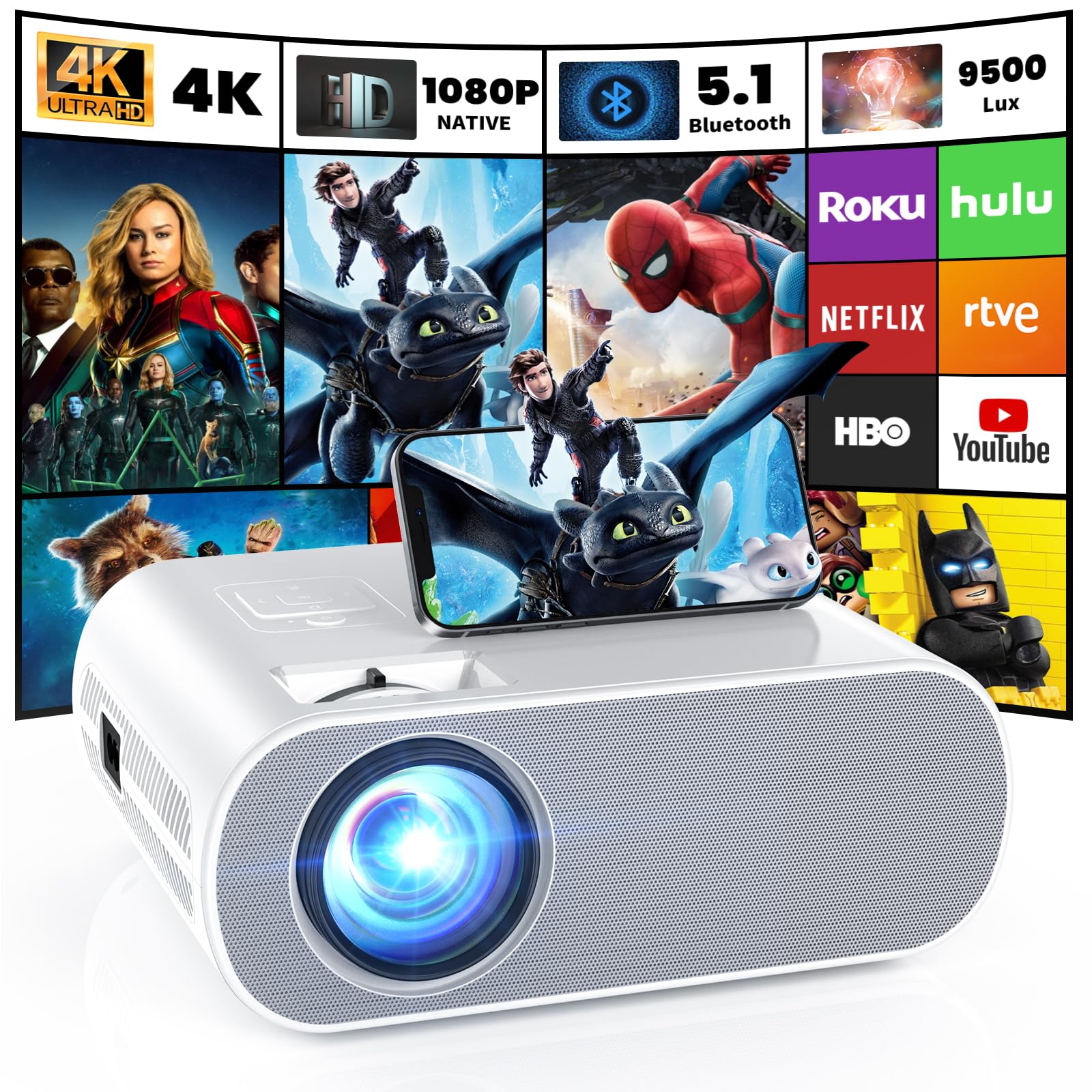 Projector, Native 1080P Full HD Bluetooth Projector with Speaker, Outdoor Portable Movie Mini Projector Compatible with Laptop, Smartphone, TV Stick, Xbox, PS5